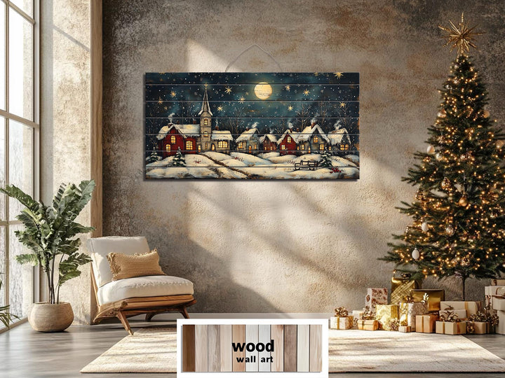 Rustic Christmas Moonlit Village Distressed Wood Wall Art
