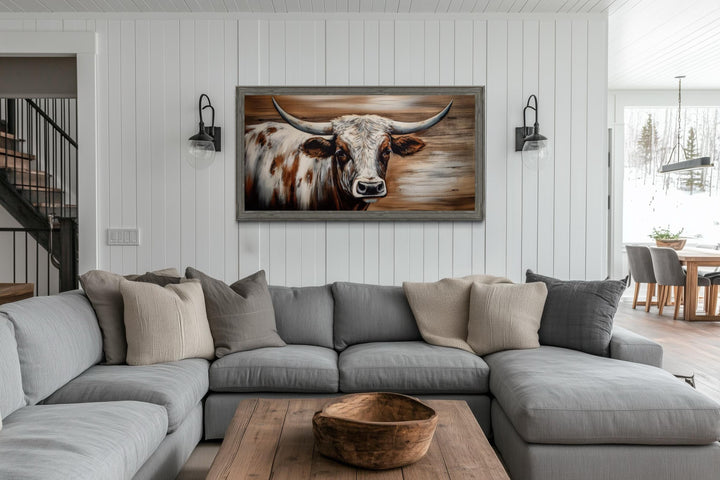 Rustic Longhorn Bull Wall Art With Barnwood Driftwood Frame For Farmhouse Decor
