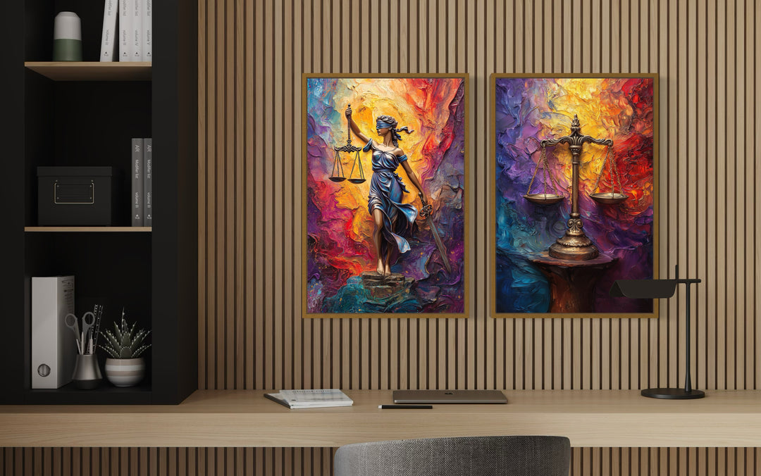 Lady Justice And Scales Of Justice Colorful Set Of 2 Law Firm Canvas Wall Art in the office