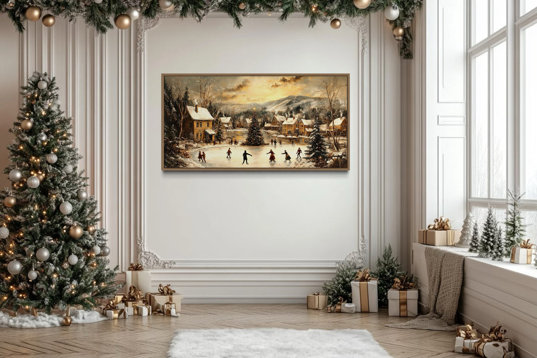 Christmas Village Skating Scene Framed Canvas Wall Art in christmas room