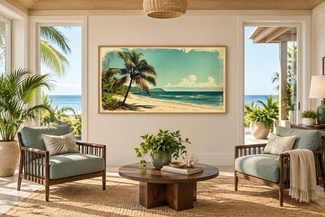 Vintage Style  Tropical Beach With Palm Tree Canvas Wall Art