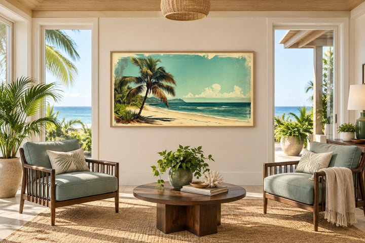 Vintage Style  Tropical Beach With Palm Tree Canvas Wall Art