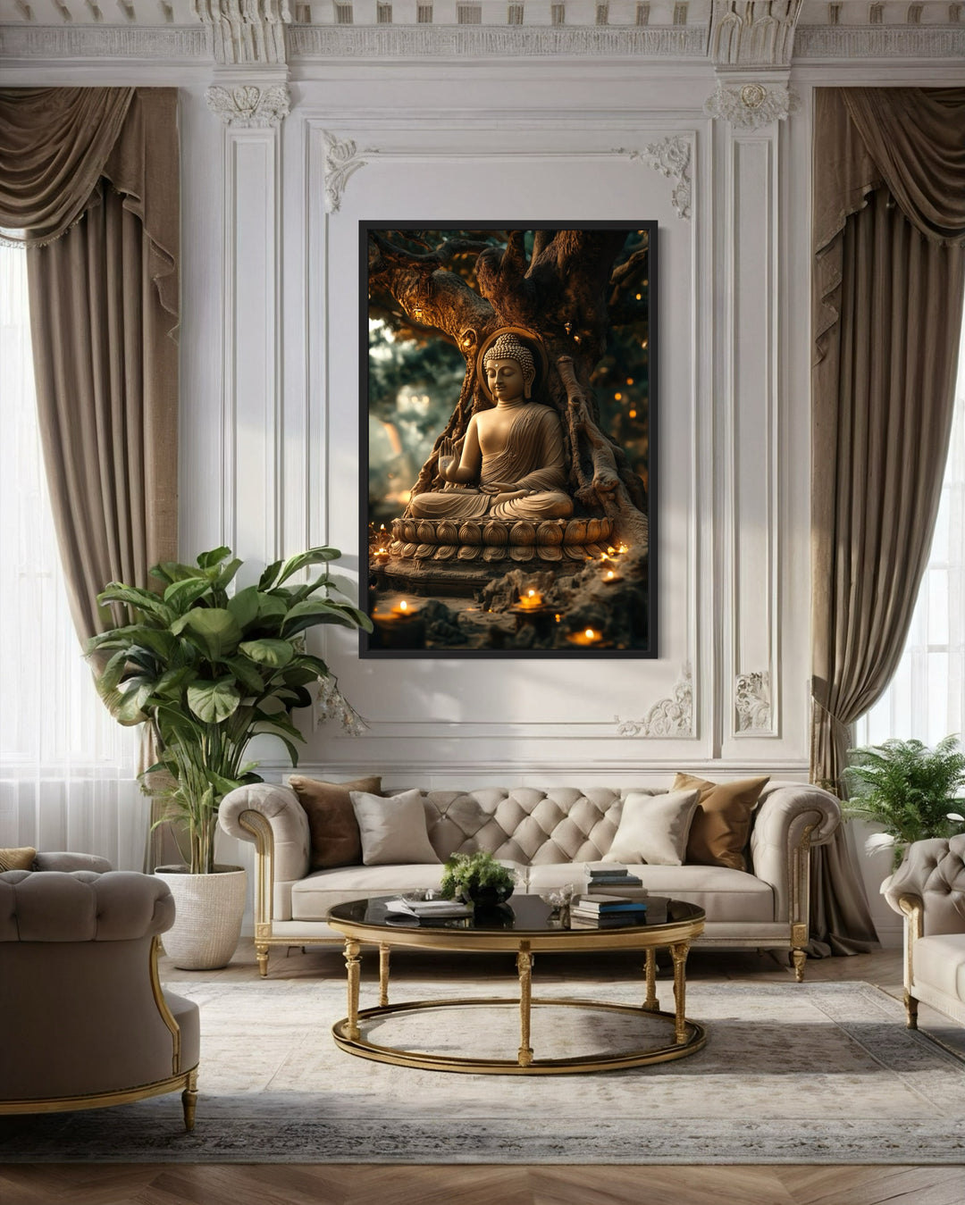 Buddha Statue With Candle Lights Zen Framed Canvas Wall Art in a living room filled with furniture