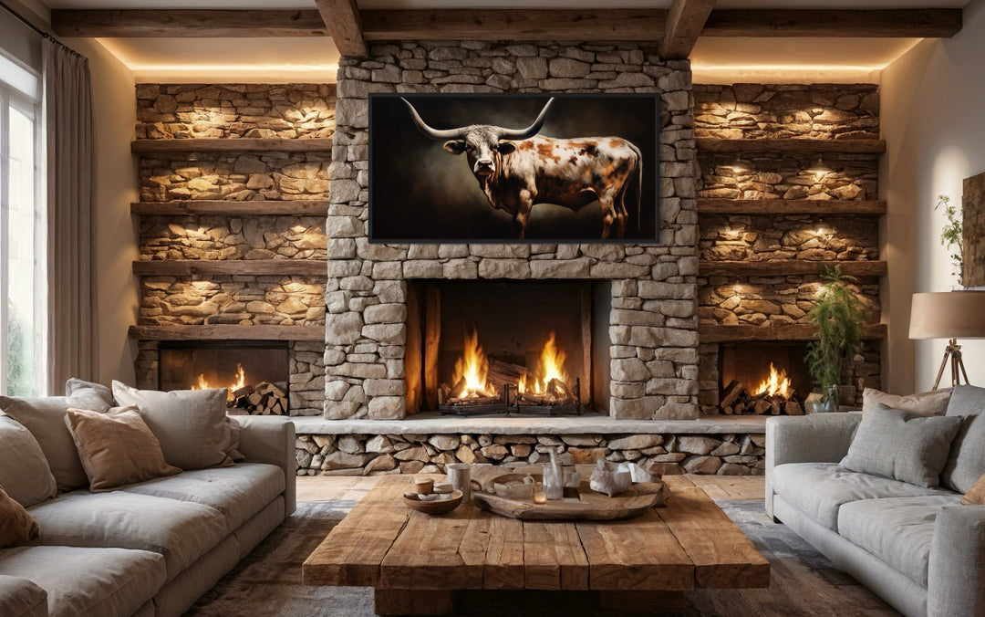 Brown Longhorn Steer Painting Framed Large Canvas Wall Art in a living room filled with furniture and a fire place