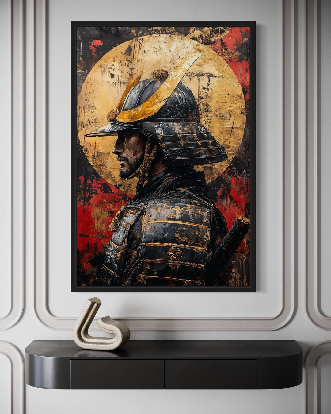 Modern Samurai Portrait With Full Moon Framed Canvas Wall Art close up