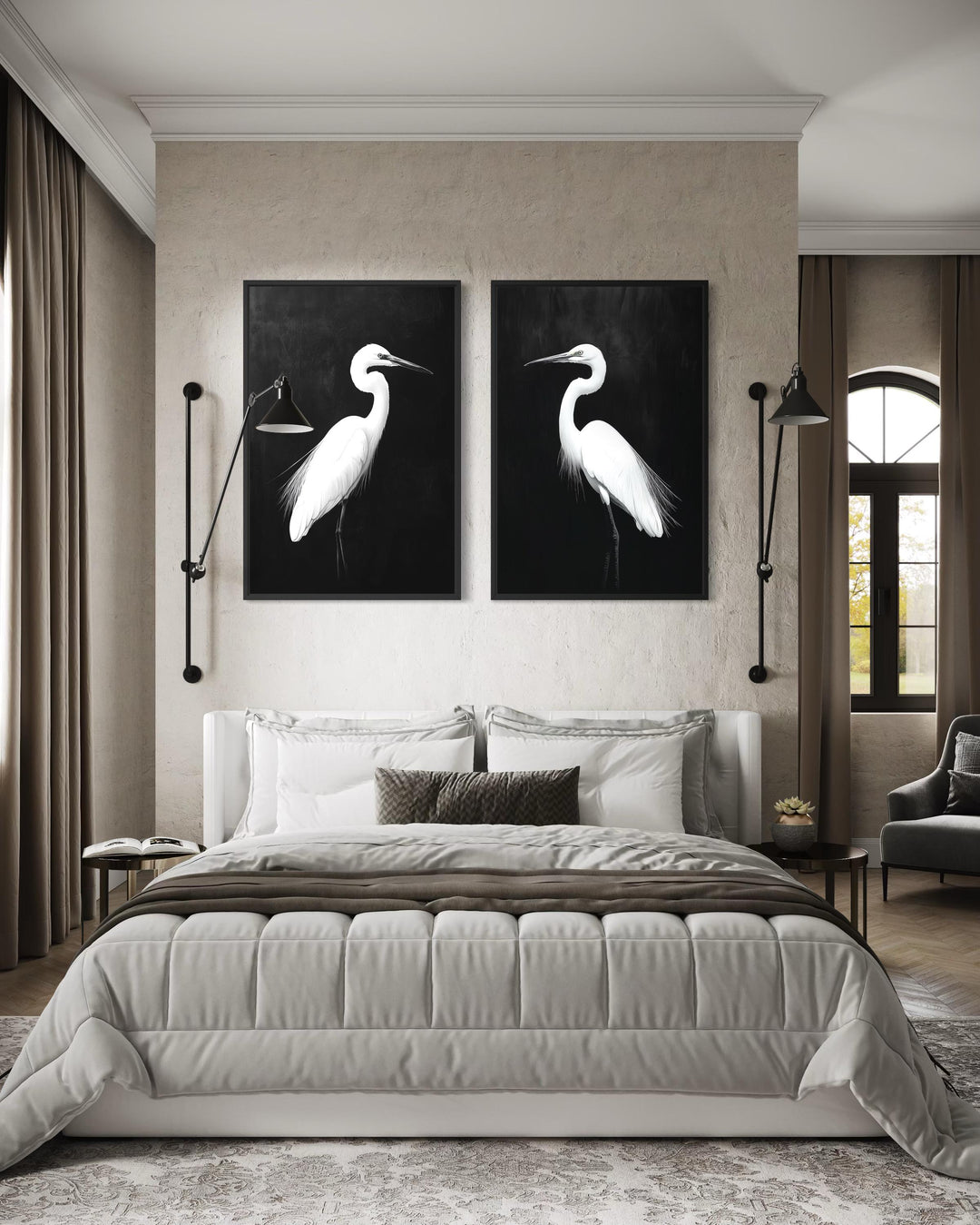 Set of 2 White Egrets On Black Background Canvas Wall Art