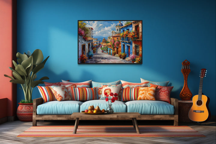 Colorful Mexican Village Street Framed Canvas Wall Art in mexican living room