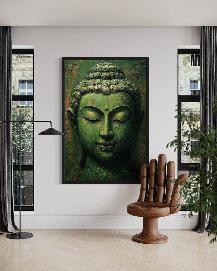 Large Green Buddha Statue Framed Canvas Wall Art in modern living room