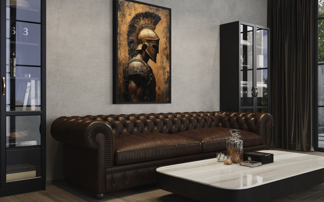 Spartan Warrior Gold Black Profile Framed Canvas Wall Art in a living room with a couch and a table