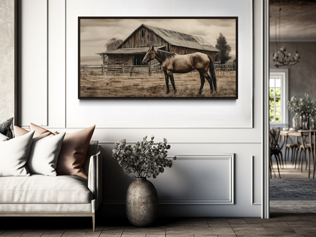 Farm Horse Near Old Barn Rustic Farmhouse Canvas Wall Art in rustic living room