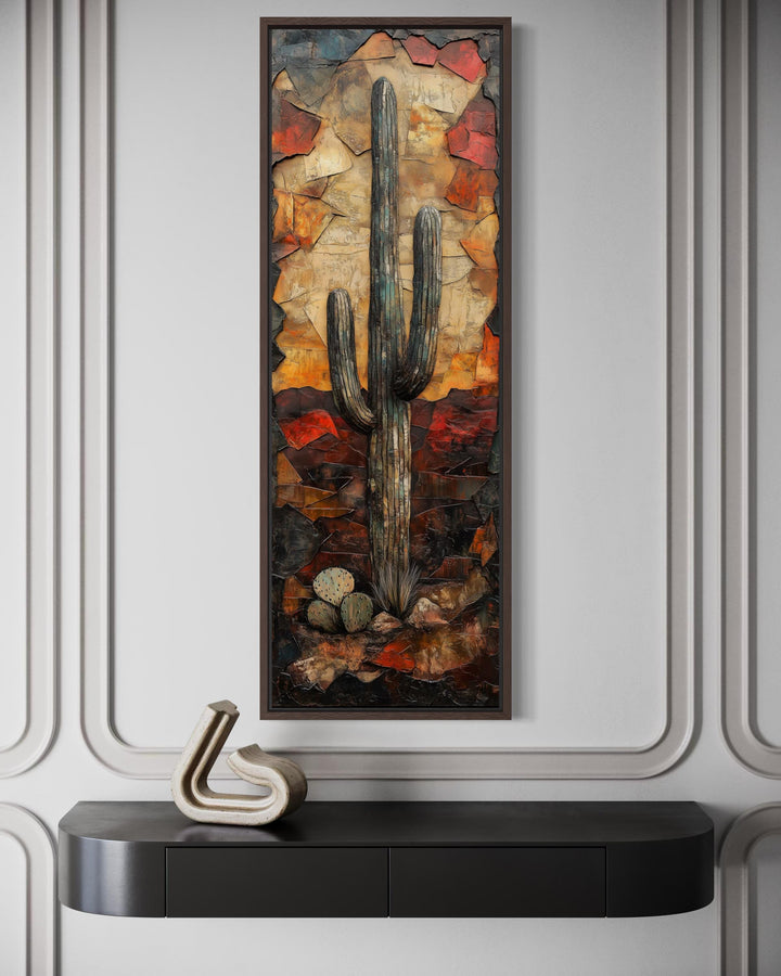 Vertical tall narrow canvas wall art featuring a textured saguaro cactus in warm desert tones.