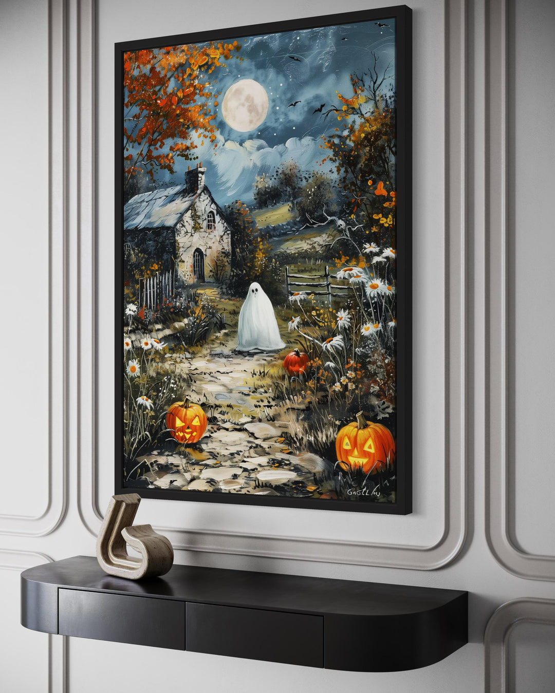Spooky Ghost Decor with Full Moon And Pumpkin Path Halloween Canvas Wall Art