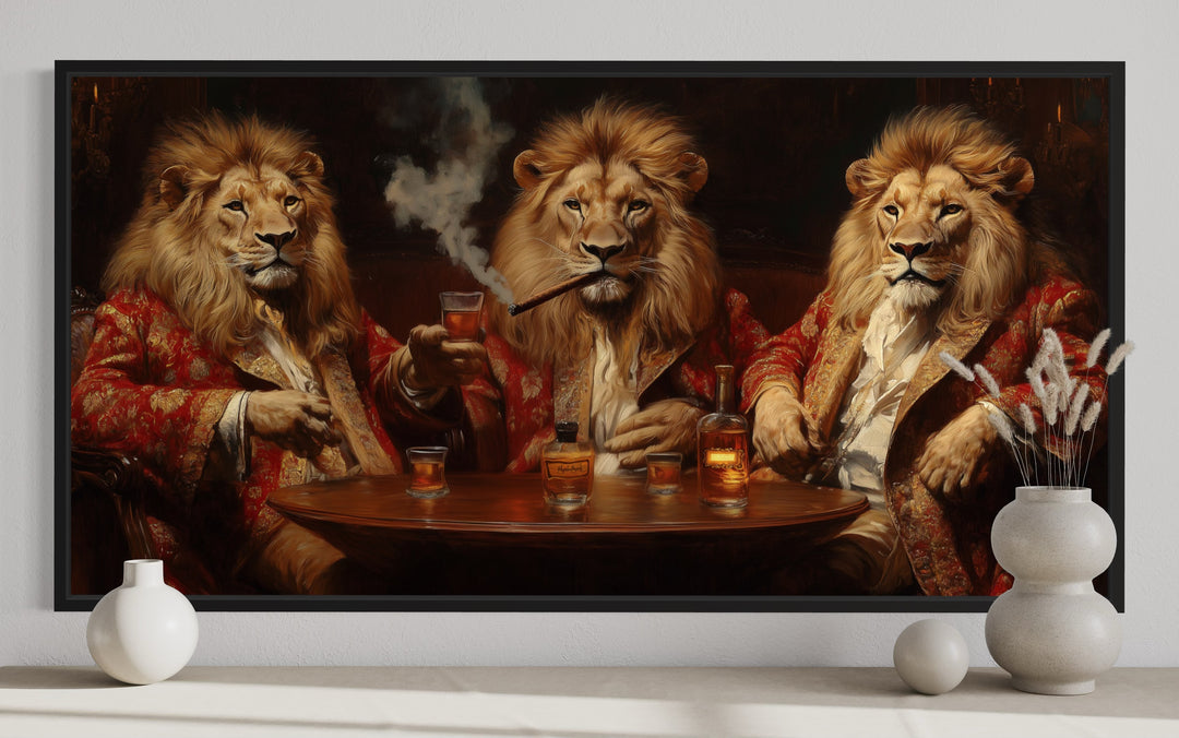 Royal Lions Drinking Whiskey Smoking Cigar Framed Bar Canvas Wall Art close up