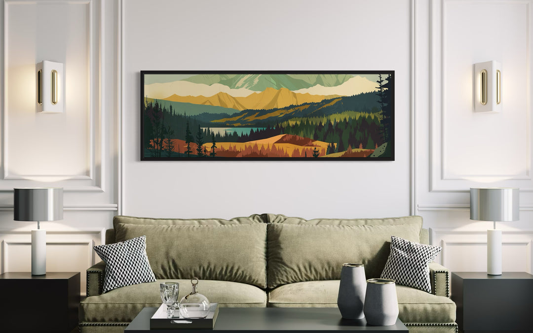 Mid Century Modern Green Landscape Mountain Lake Long Narrow Wall Art above green couch