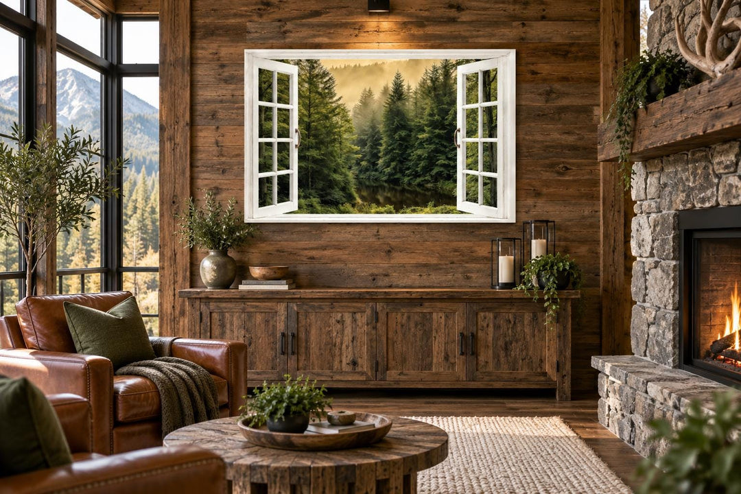 Fake window wall art showing a foggy pine forest with a white frame in a rustic wood-paneled room.