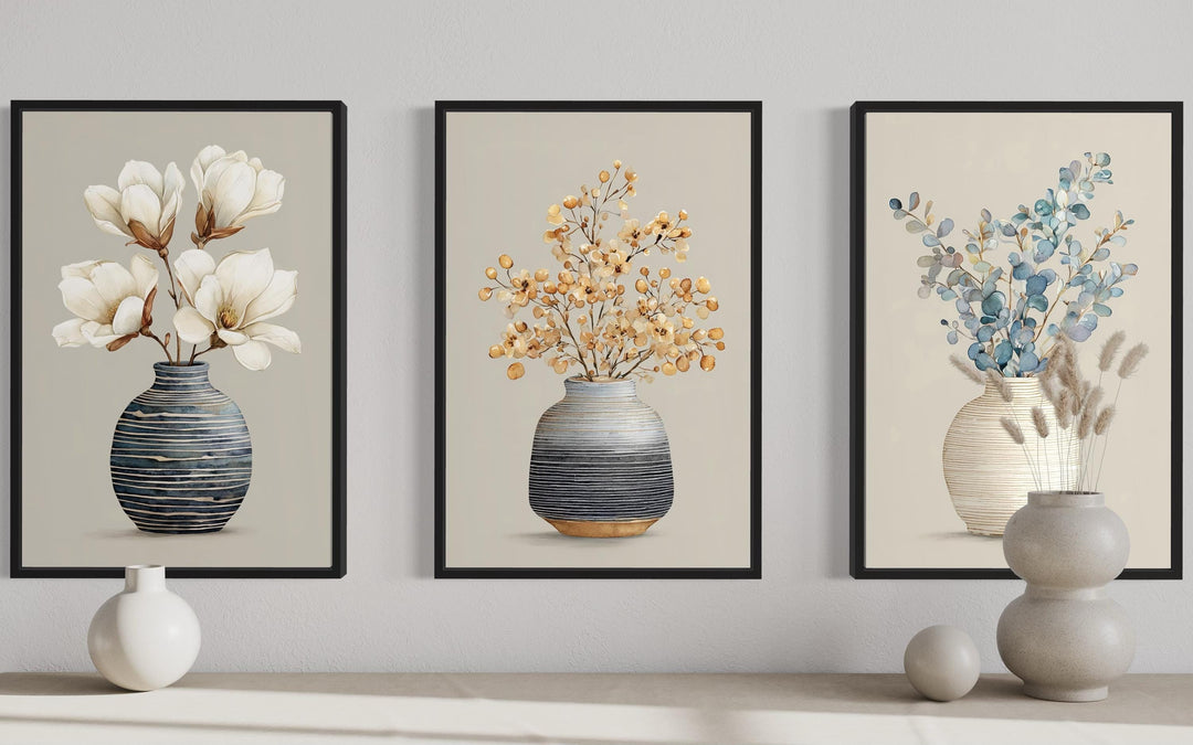 Dining Room Wall Art – Neutral Floral Canvas Set | Modern Minimalist Botanical Prints