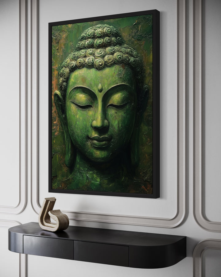 Large Green Buddha Statue Framed Canvas Wall Art side view