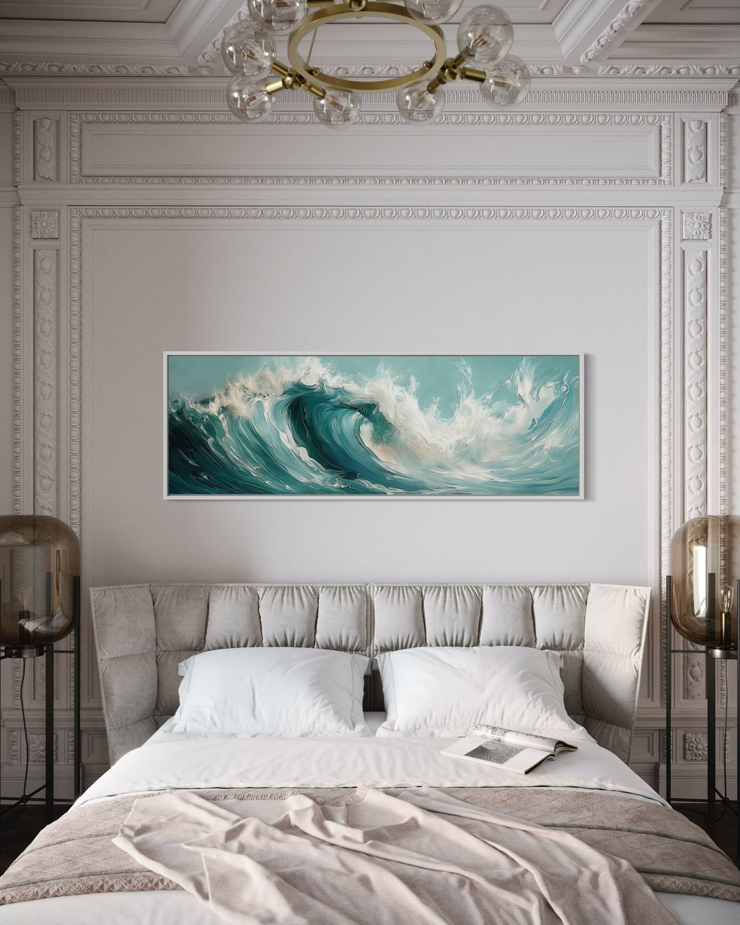 Teal Ocean Wave Coastal Horizontal Framed Canvas Wall Art in a bedroom with a large painting on the wall