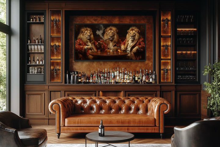 Royal Lions Drinking Whiskey Smoking Cigar Framed Bar Canvas Wall Art in a home bar