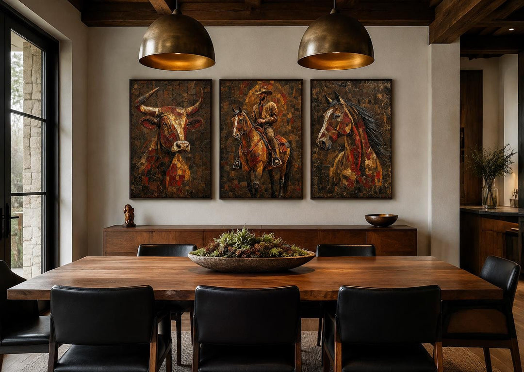 Western Wall Art Set Of 3 – Cowboy, Longhorn Bull, and Horse Canvas Prints for Rustic Ranch or Man Cave Decor