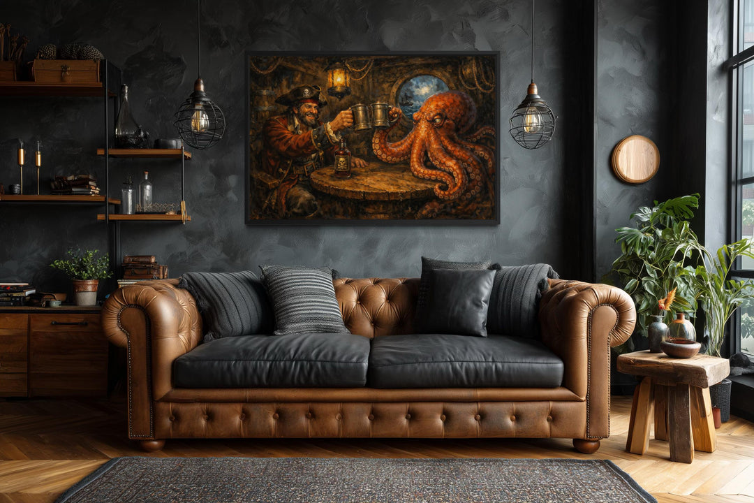A canvas print of a pirate and octopus drinking rum hangs in a dark, moody living room.