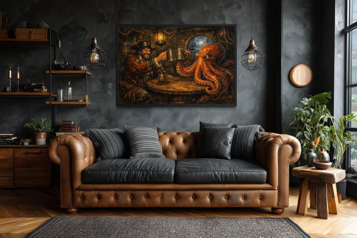 A canvas print of a pirate and octopus drinking rum hangs in a dark, moody living room.