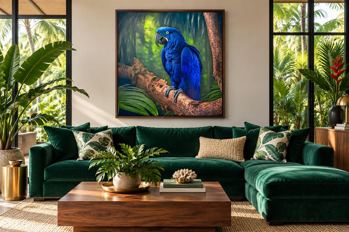 Hyacinth Macaw Parrot Tropical Canvas Wall Art featuring a blue macaw on a branch in a living room.