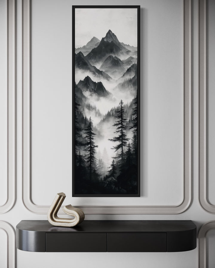 Black And White Foggy Mountain Forest Long Vertical Canvas Wall Art close up