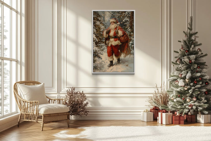 Santa In The Forest With Bag Of Gifts Framed Canvas Wall Art in christmas room