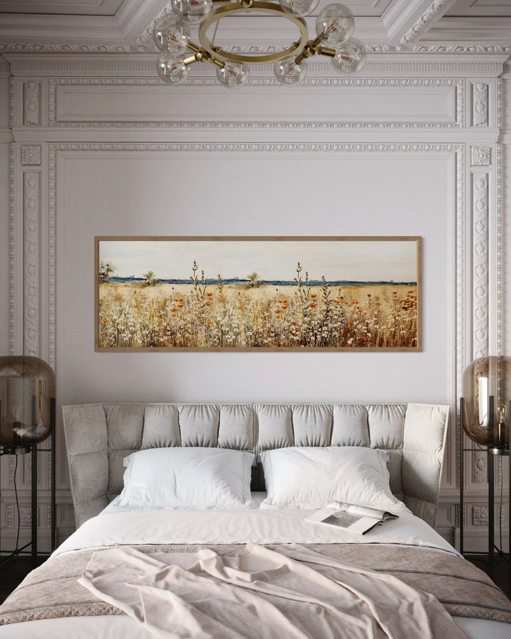 Rustic Vintage Yellow Wildflowers Field Horizontal Canvas Wall Art above bed