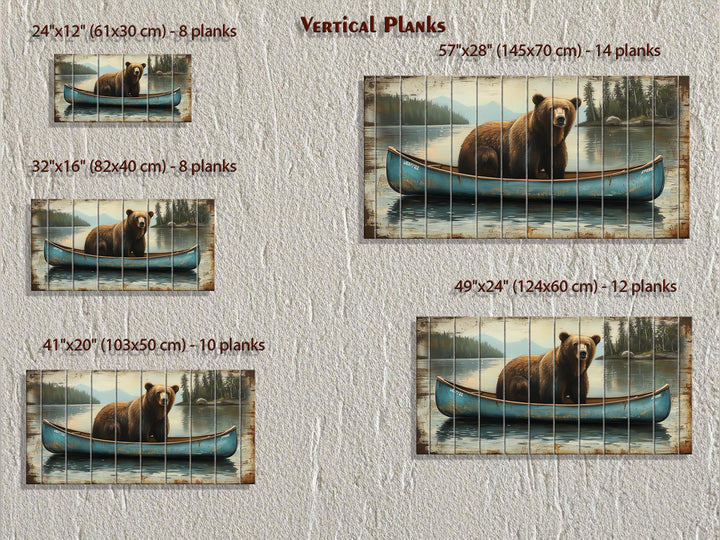 Grizzly Bear in Blue Canoe Distressed Wood Wall Art, Rustic Lake Cabin Wildlife Scene Decor