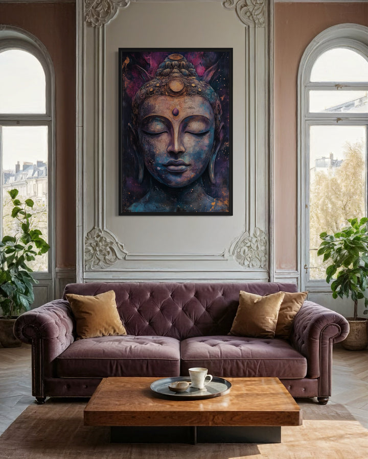 Purple Buddha Abstract Painting Framed Zen Wall Decor above purple couch