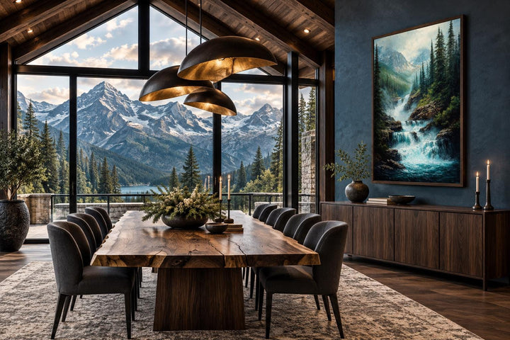 Vertical canvas wall art of a majestic mountain waterfall in a dark wood frame on a blue wall.