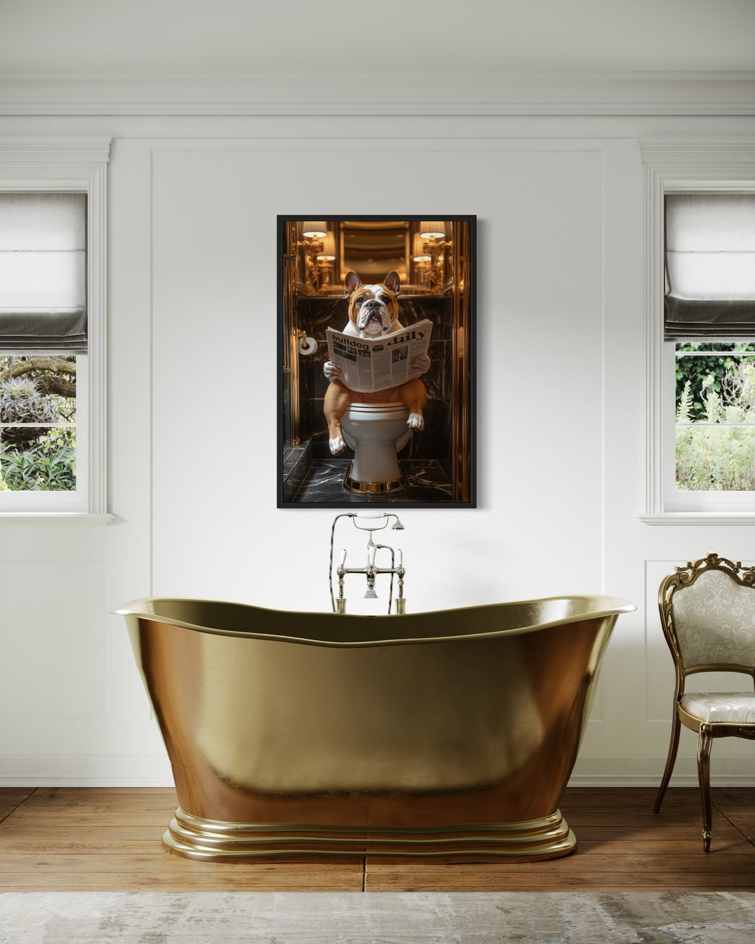 Bulldog On Toilet Reading Newspaper Framed Canvas Wall Art in bathroom