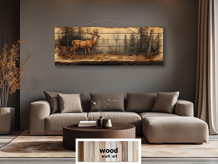 Deer In Forest Long Horizontal Distressed Wood Wall Art