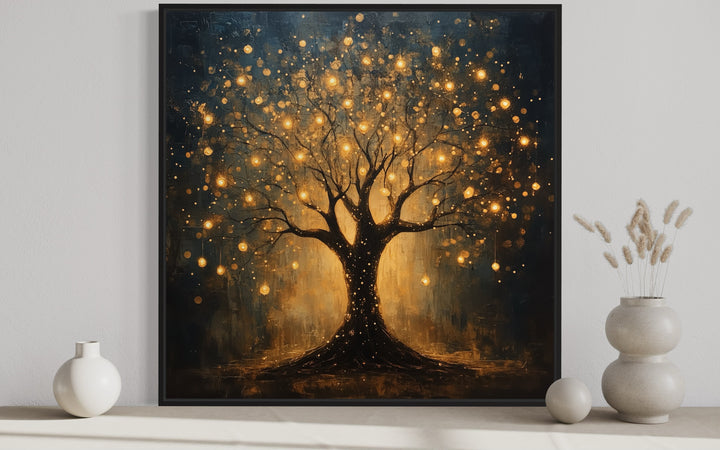 Enchanted Black Gold Tree With Magical Lights Framed Canvas Wall Art close up