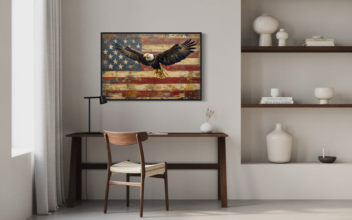 Bald Eagle And American Flag Framed Canvas Wall Art in the office