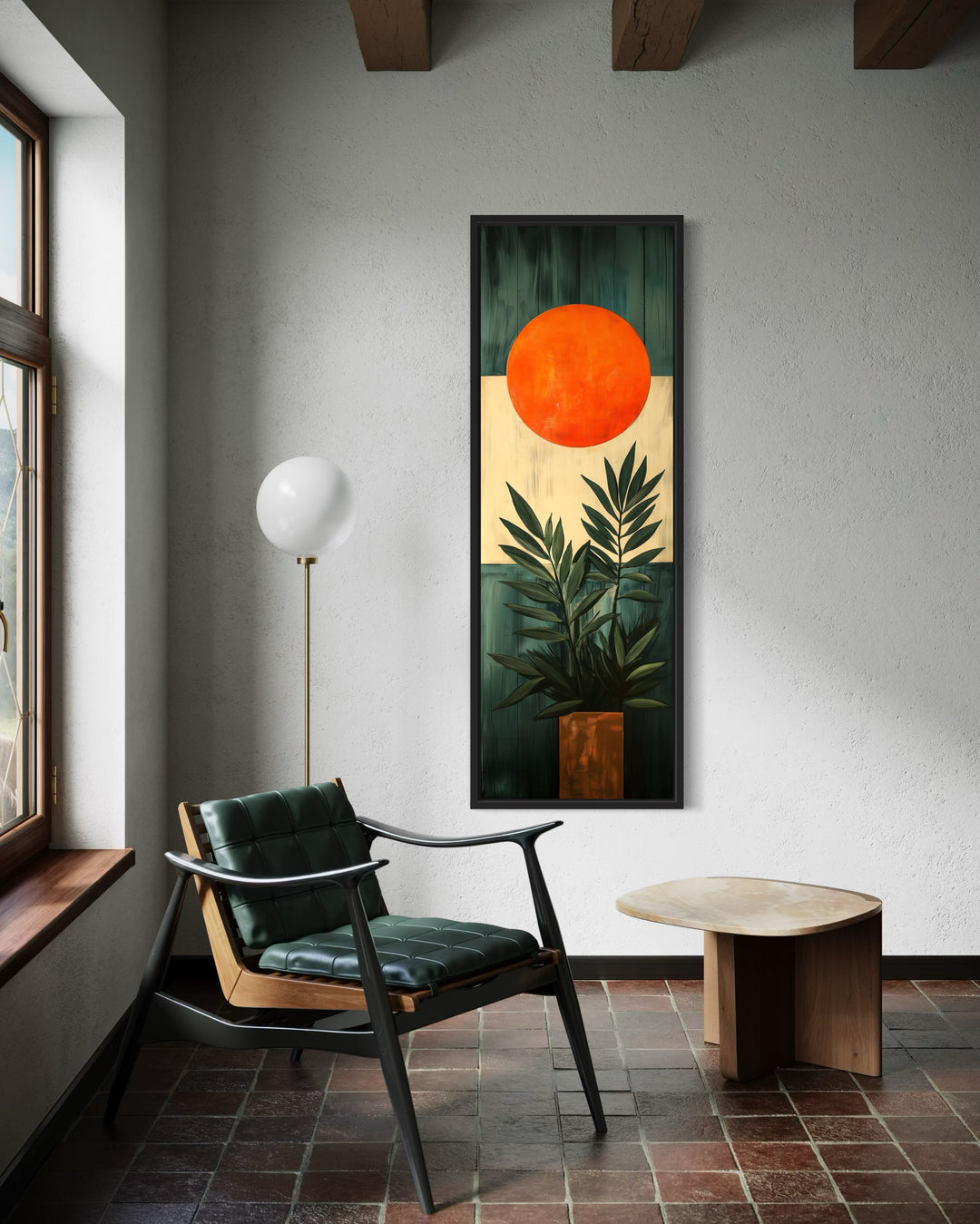 Mid Century Modern Orange Sun And Palm Leaves Framed Canvas Wall Art in small living room