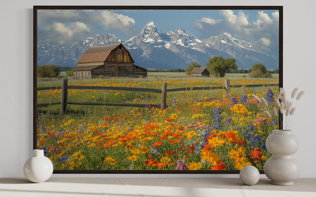 Pretty Old Barn In Spring's Floral Landscape Framed Canvas Wall Decor close up