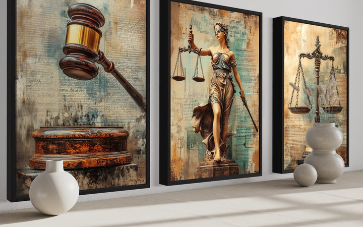 Justice and Law Wall Art Set Of 3 – Scales of Justice, Gavel, and Lady Justice Canvas Prints side view