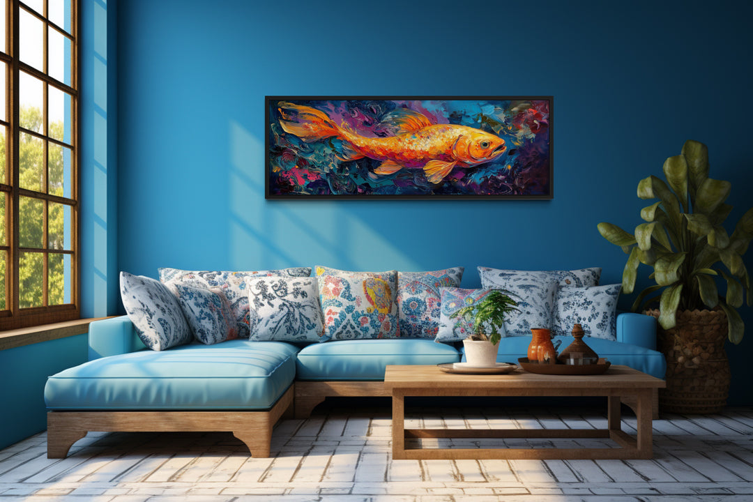 Colorful Abstract Goldfish Long Horizontal Framed Canvas Wall Art in a living room with blue walls