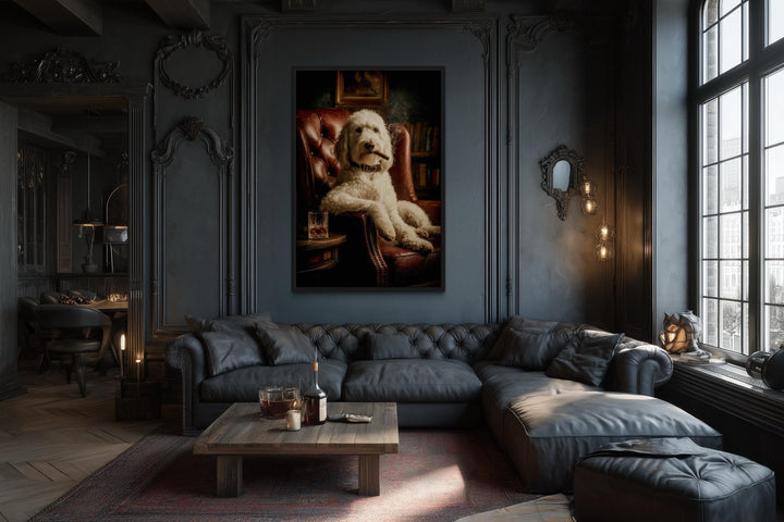 White Goldendoodle Dog Drinking Whiskey and Smoking Cigar Canvas Wall Art