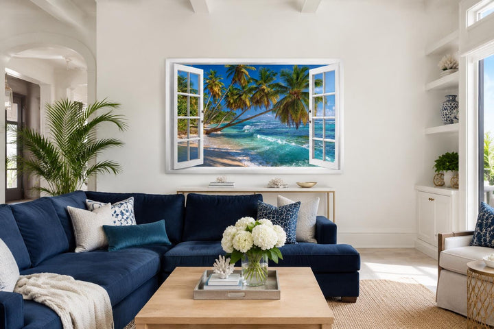 Window view canvas wall art of a tropical beach with palm trees and turquoise ocean waves.
