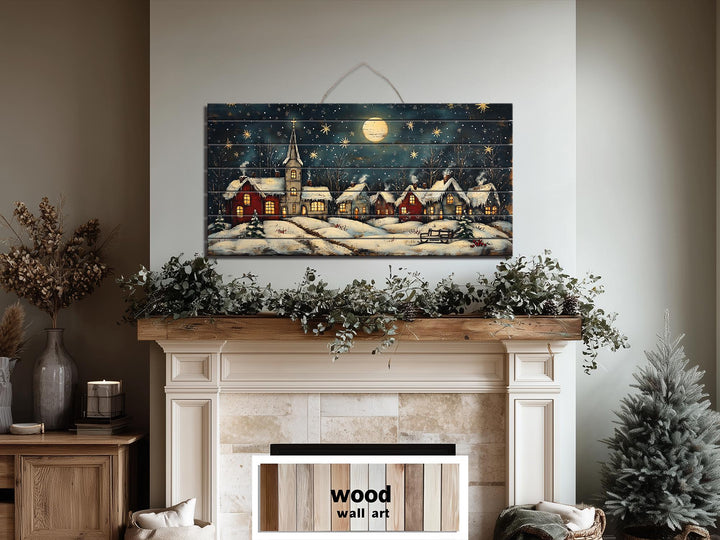 Rustic Christmas Moonlit Village Distressed Wood Wall Art