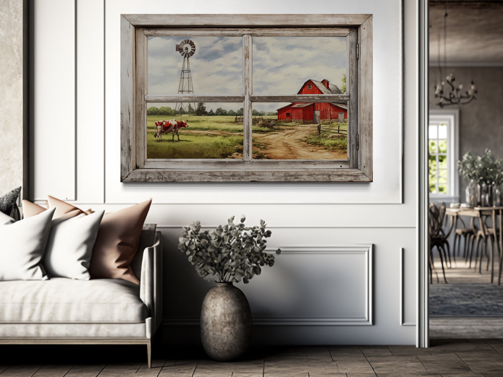 farm view from open window canvas wall art