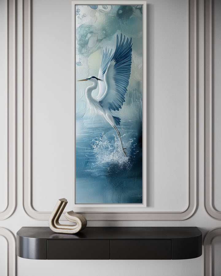 Tall Narrow Blue Heron In Flight Framed Vertical Canvas Wall Decor close up