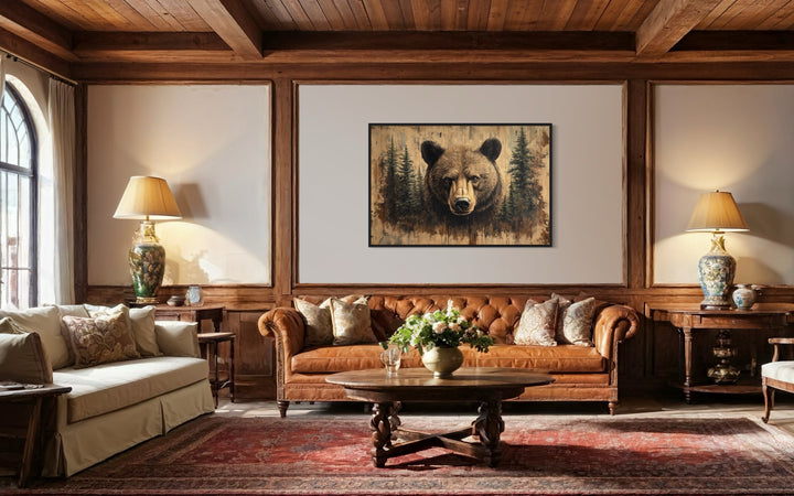 Grizzly Bear Portrait On Wood Rustic Framed Canvas Wall Art in rustic cabin