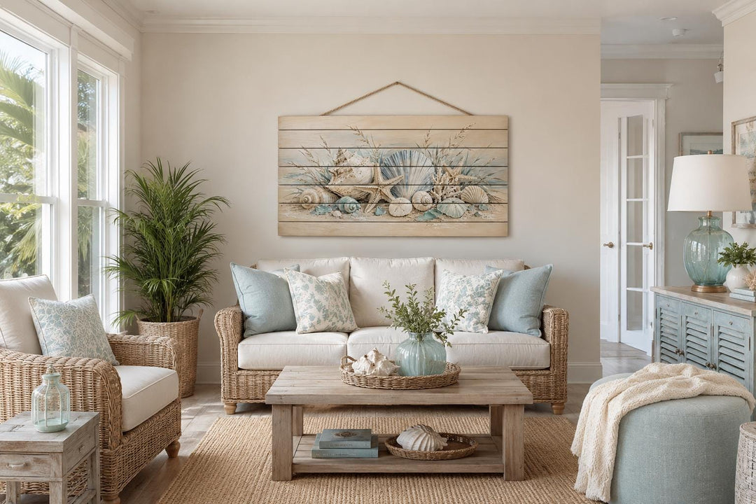 Seashells and starfish watercolor print on distressed horizontal wood planks with a rope hanger.