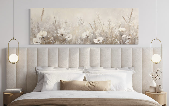 Boho Neutral Wildflowers Field Farmhouse Wall Art above beige bed