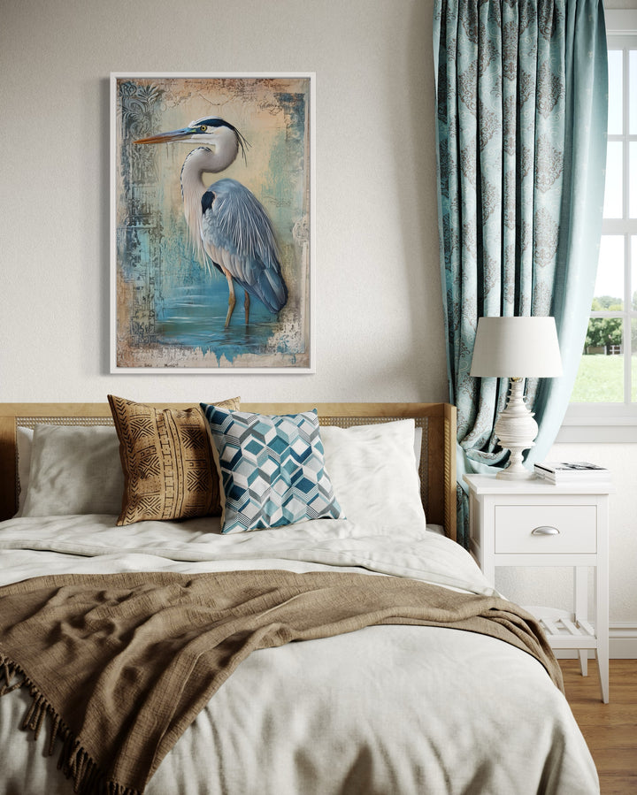 Blue Heron Wading In Water Rustic Coastal Framed Canvas Wall Art above bed